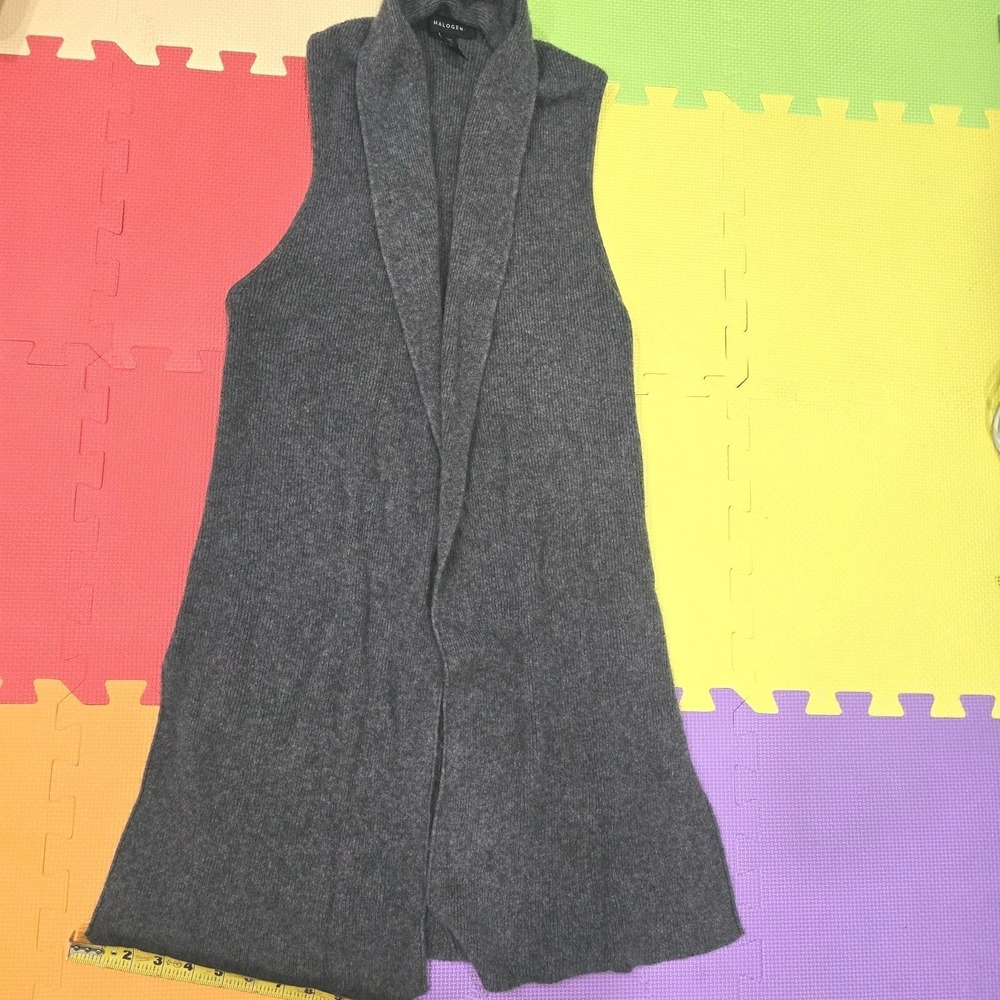 HALOGEN 100% Cashmere Long Ribbed Knit Vest Cardigan Gray One Size‎ Soft